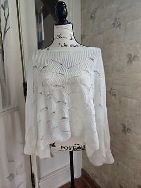 White Crochet Knit Boatneck Women's Sweater